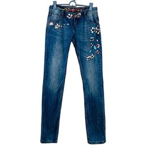 Womens Size 26 Desigual Jeans Painted Flowers Slim Straight Leg 35" Inseam